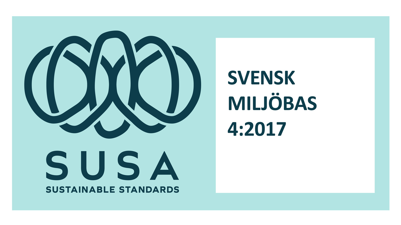 SUSA, sustainable standards. Universeum är miljödiplomerade med svensk miljöbas 4:2017 sedan 2023.