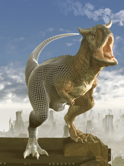 En dinosaurie som står på ett tak och attakeras av rymdfarkoster.