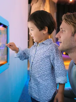 Ett litet barn undersöker tillsammans en monter inne i Miniverseum. En utställning för Universeums yngsta besökare.