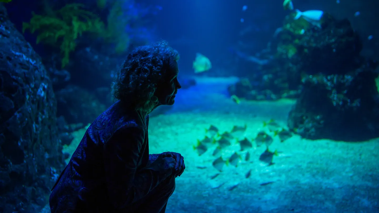 Carina Halvord framför akvariet Oceanen.